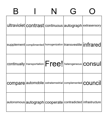 Vocabulary Unit 6 Bingo Card