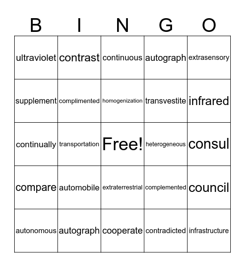 Vocabulary Unit 6 Bingo Card