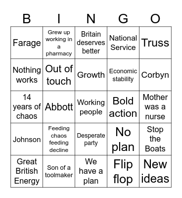 General Election Debate Bingo Card