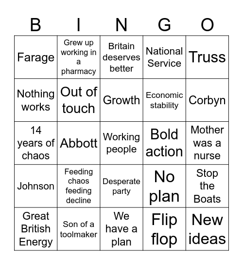 General Election Debate Bingo Card