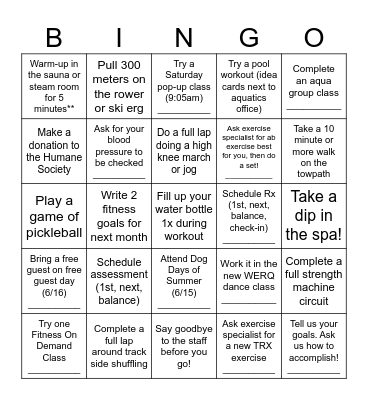 Lifestyles Fitness Bingo Card