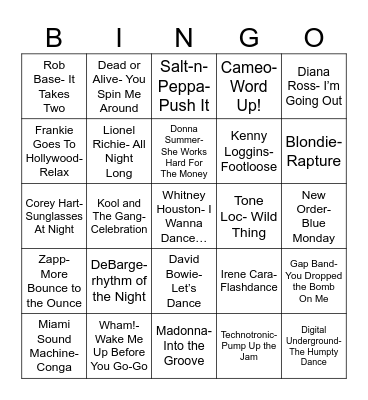 Radio Bingo 80's Nightclub Bangers Bingo Card