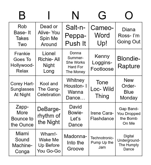 Radio Bingo 80's Nightclub Bangers Bingo Card