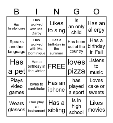 Team Time Ice Breaker Bingo Card