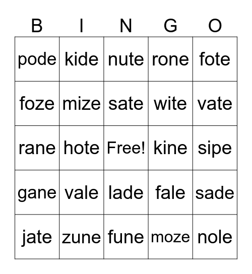 Silent e Nonsense Words Bingo Card