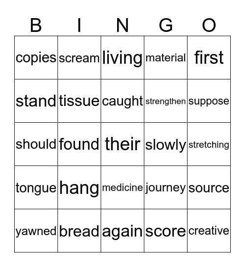 Reading Words Bingo Card