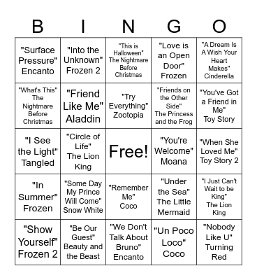 Bash and Bingo - Disney Songs! Bingo Card