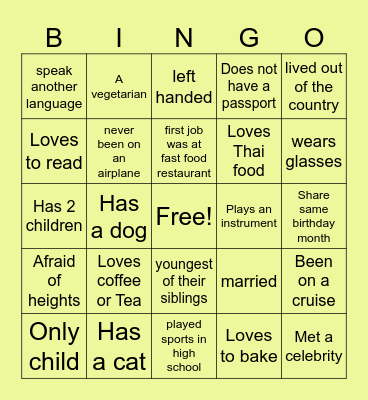 Getting To Know You! Bingo Card