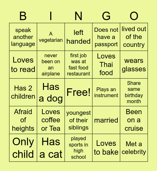 Getting To Know You! Bingo Card