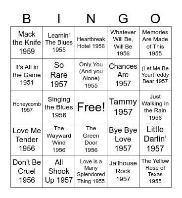 Brookdale at Home - 50's Hits- Singo Bingo Card