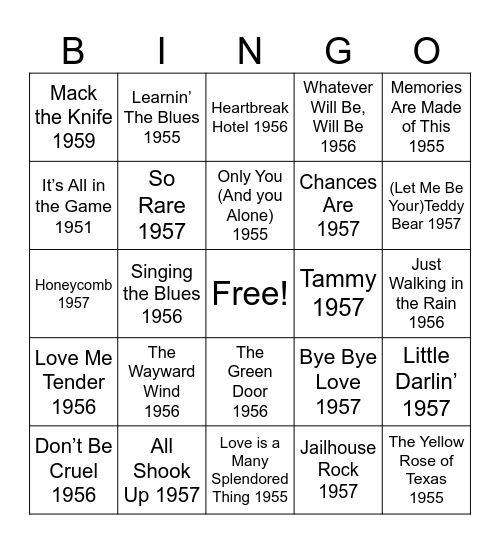 Brookdale at Home - 50's Hits- Singo Bingo Card