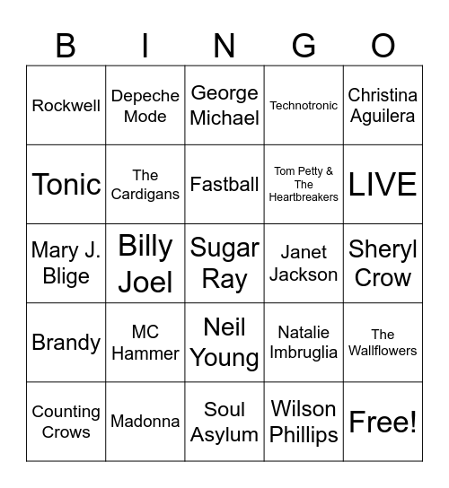 1990's Artists #6A Bingo Card