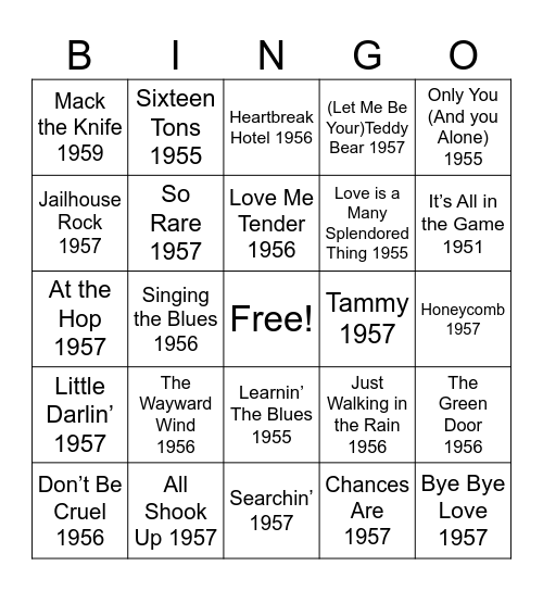 Brookdale at Home - 50's Hits- Singo Bingo Card