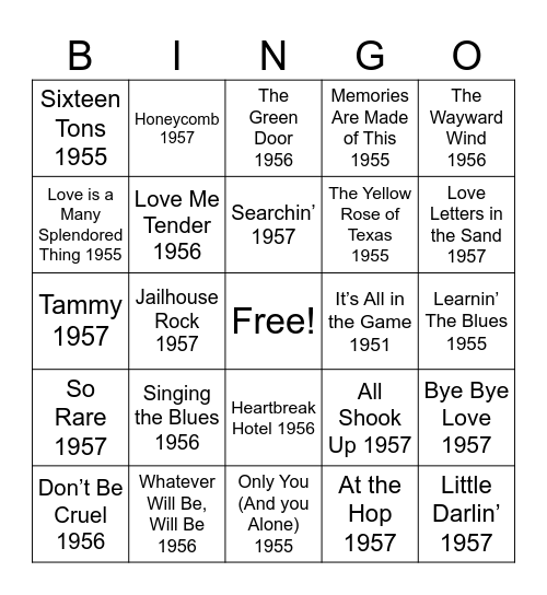 Brookdale at Home - 50's Hits- Singo Bingo Card