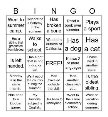 First Day of School Bingo Card