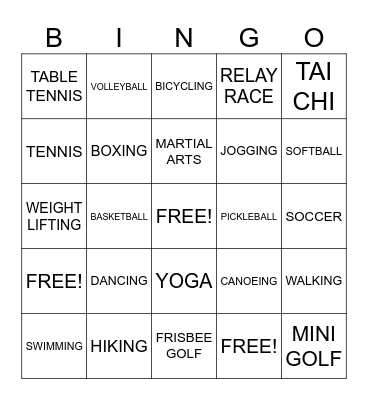 Summer Olympics Inspired Activity Bingo Card