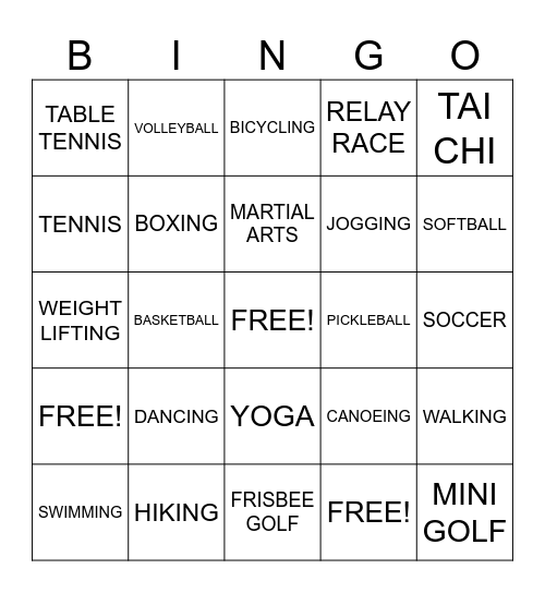 Summer Olympics Inspired Activity Bingo Card