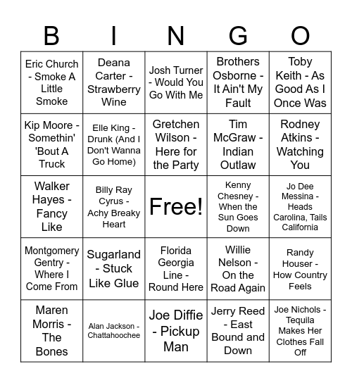 Country Music Bingo Card