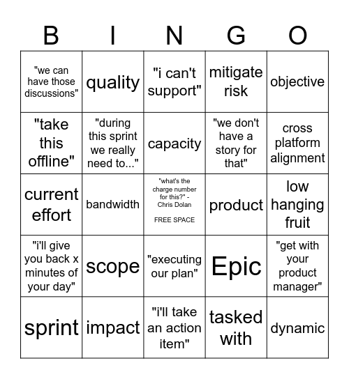 PI Planning Bingo (also take a shot every time you hear one of these words/phrases Bingo Card