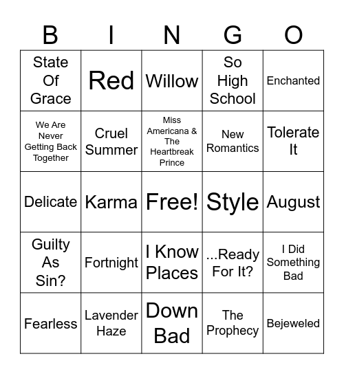 Taylor Bingo Card