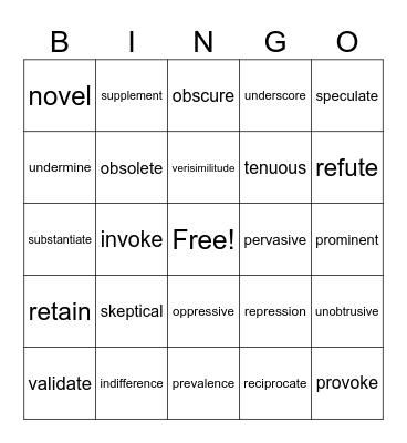 SAT Vocabulary 2 Bingo Card