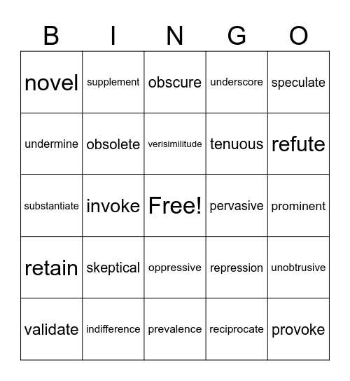 SAT Vocabulary 2 Bingo Card