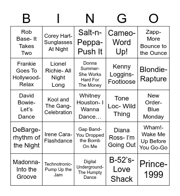 Radio Bingo 80's Nightclub Bangers Bingo Card