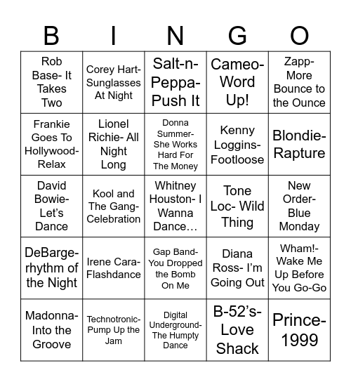 Radio Bingo 80's Nightclub Bangers Bingo Card