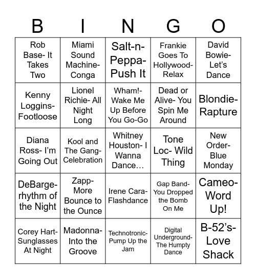 Radio Bingo 80's Nightclub Bangers Bingo Card