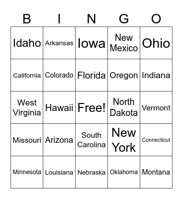 States in the USA Bingo Card