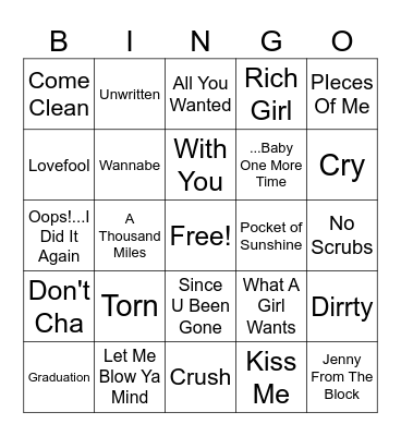 Female Pop Bingo Card