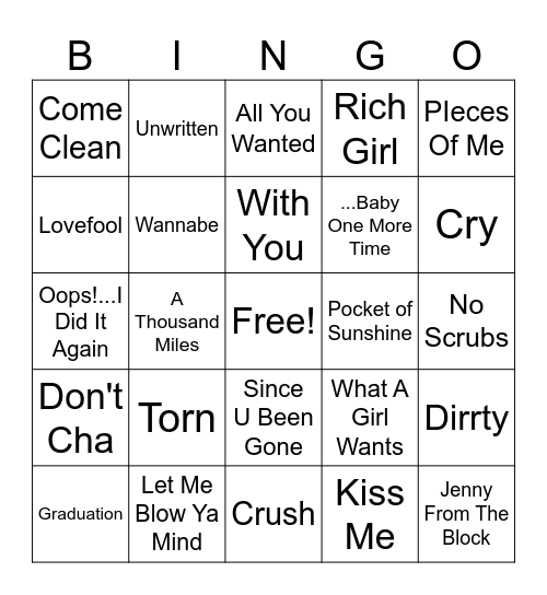 Female Pop Bingo Card