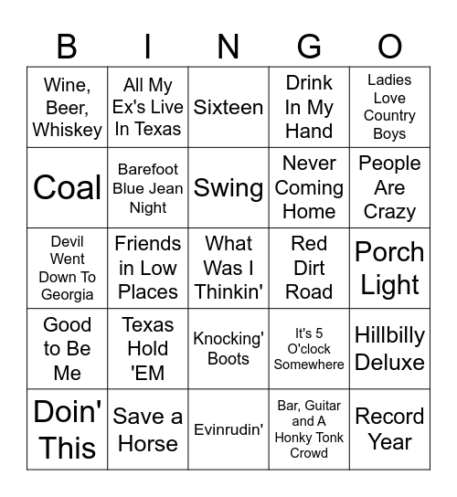 Country Hits Bingo Card