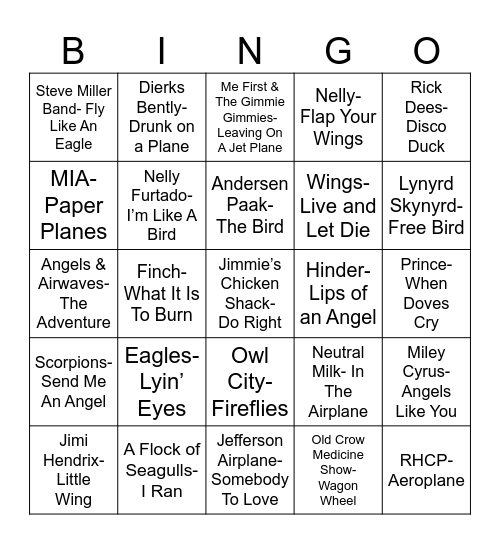 Radio Bingo Gives You Wings Bingo Card