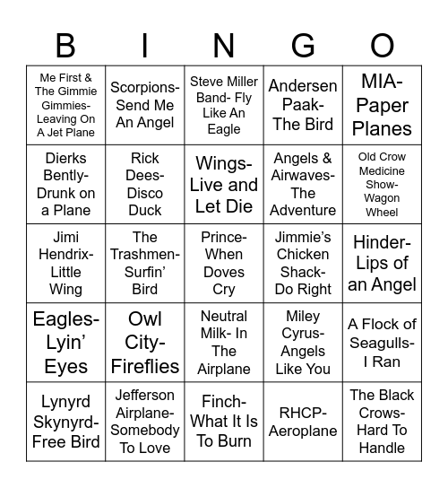 Radio Bingo Gives You Wings Bingo Card