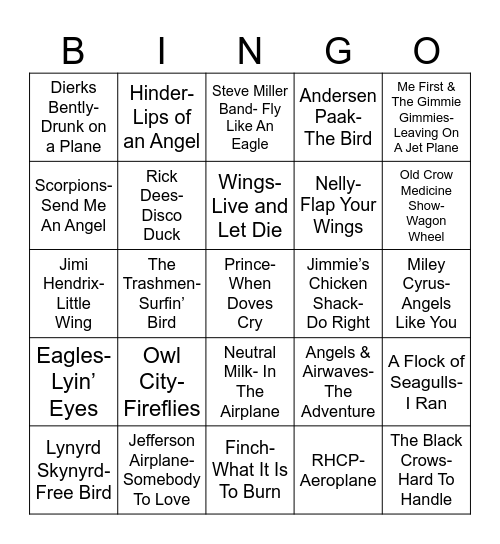 Radio Bingo Gives You Wings Bingo Card