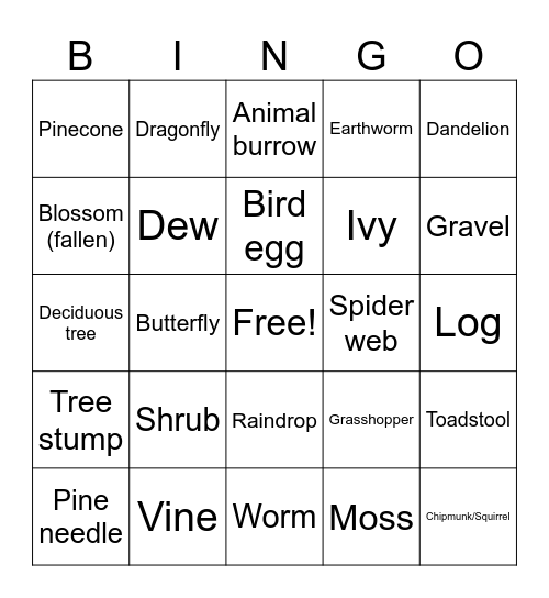 Nature Walk Bingo Card