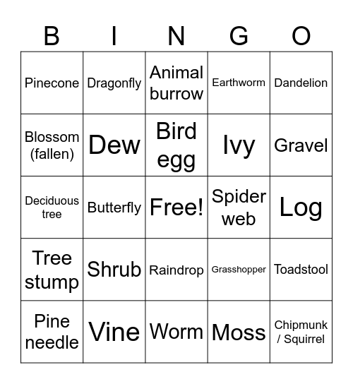 Nature Walk Bingo Card