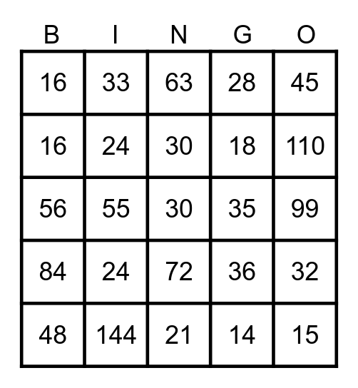 Summer Multiplication Facts Bingo Card