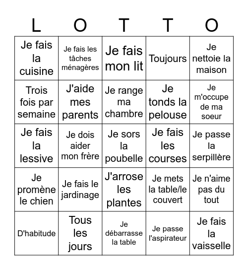 Les tâches ménagères Bingo Card