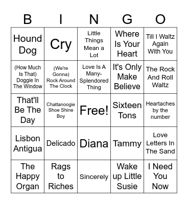 50s Billboard Hits Bingo Card