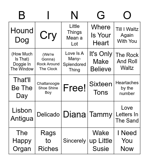 50s Billboard Hits Bingo Card