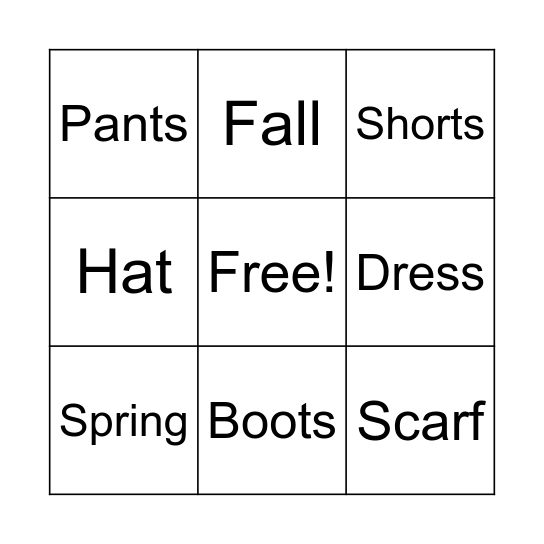 Seasons and Clothes Bingo! Bingo Card