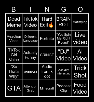 YouTube Shorts Bingo Card