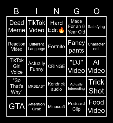 YouTube Shorts Bingo Card