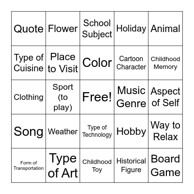 Shimaiyah's Favorite Things Bingo Card