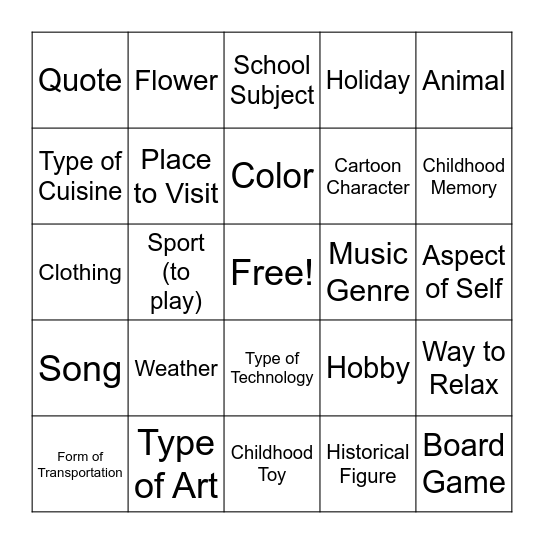 Shimaiyah's Favorite Things Bingo Card