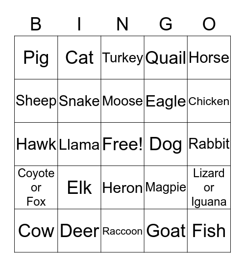 Animal Bingo Card