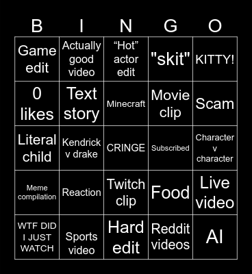 YouTube shorts Bingo Card
