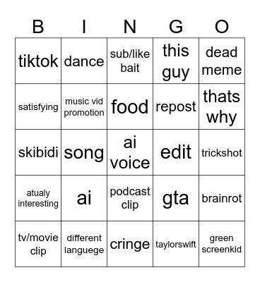 yt short bingo Card